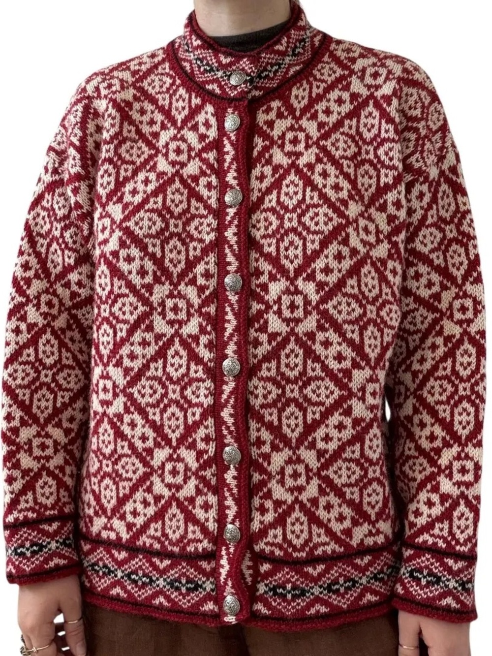 LL Bean Nordic Fair Isle Wool Cardigan Snowflake Sweater USA Medium red vintage
